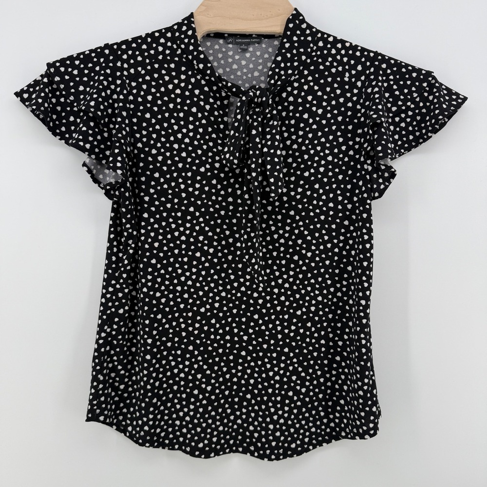 Adrianna Papell Womens Black White Heart Print Tie Neck Flutter Sleeve Blouse S